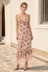 Luxury Halter Lace Trim Irregular Mermaid Long Floral Dress