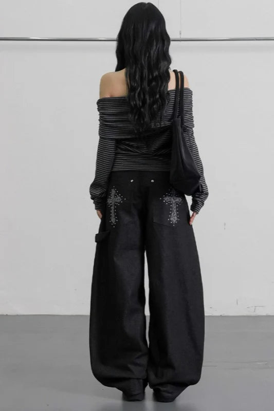 Leopard Cross Studded Wide Leg Jeans