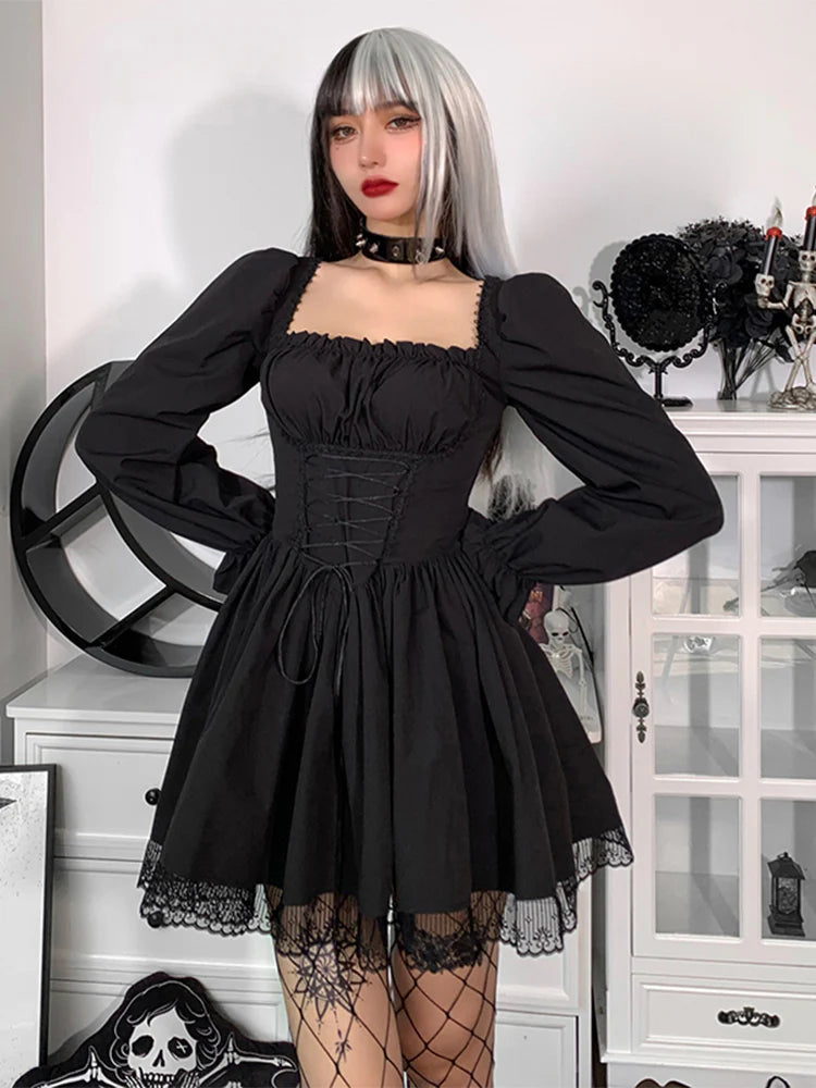 Spaghetti Strap Lace Satin Slip  Party Mini Harajuku Vintage Square Collar Puff Sleeve Dress