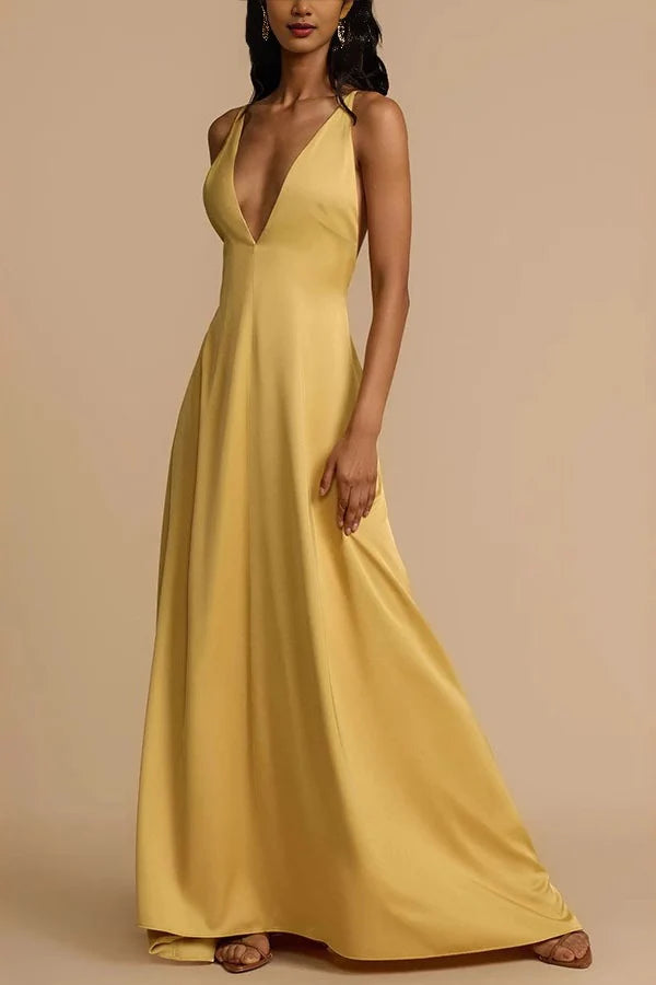 Satin Deep V Backless Maxi  Silk Dress