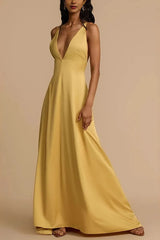 Satin Deep V Backless Maxi  Silk Dress