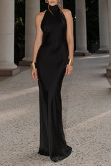 Backless Satin Solid Silk Dress