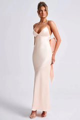 Satin Maxi Dress with Bow Detail Silk Dress