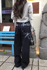 Letter Embroidery Straight Leg Jeans