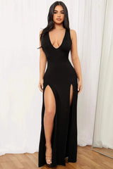 Deep V Slit Solid Bodycon Dress