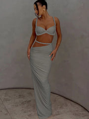 Orange Ruched Bandage Maxi Two Piece Skirt Set