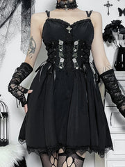 Gothic  Black V Neck Lace Up Y2K Grunge Punk High Waist Lace Trim Party Dress