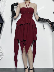 Halter Neck  Sleeveless Ruched Bodycon Asymmetrical A-Line Hem Party Cocktail Mini Dress