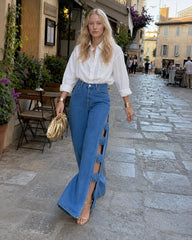 Hand Embroidered 3D Flower Cutout Side Slit Jeans