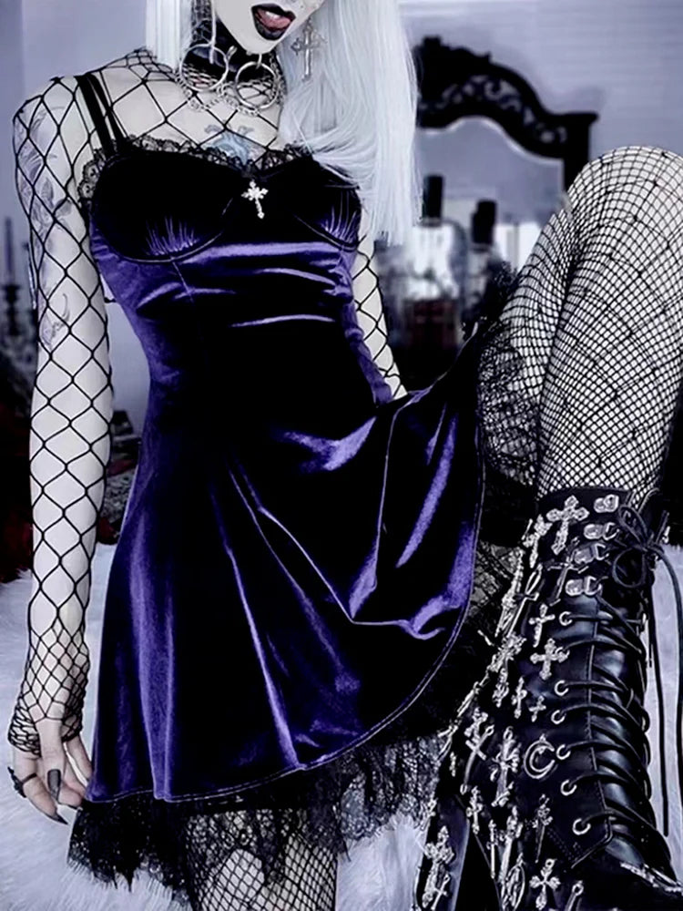 Velvet Gothic  Black Vintage Spaghetti Strap High Waist Aesthetic Elegant Party Dress