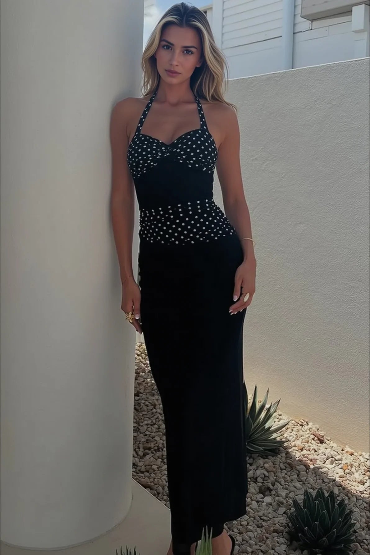 Sexy U Neck Backless Tie Polka Dot Halter Party Dress