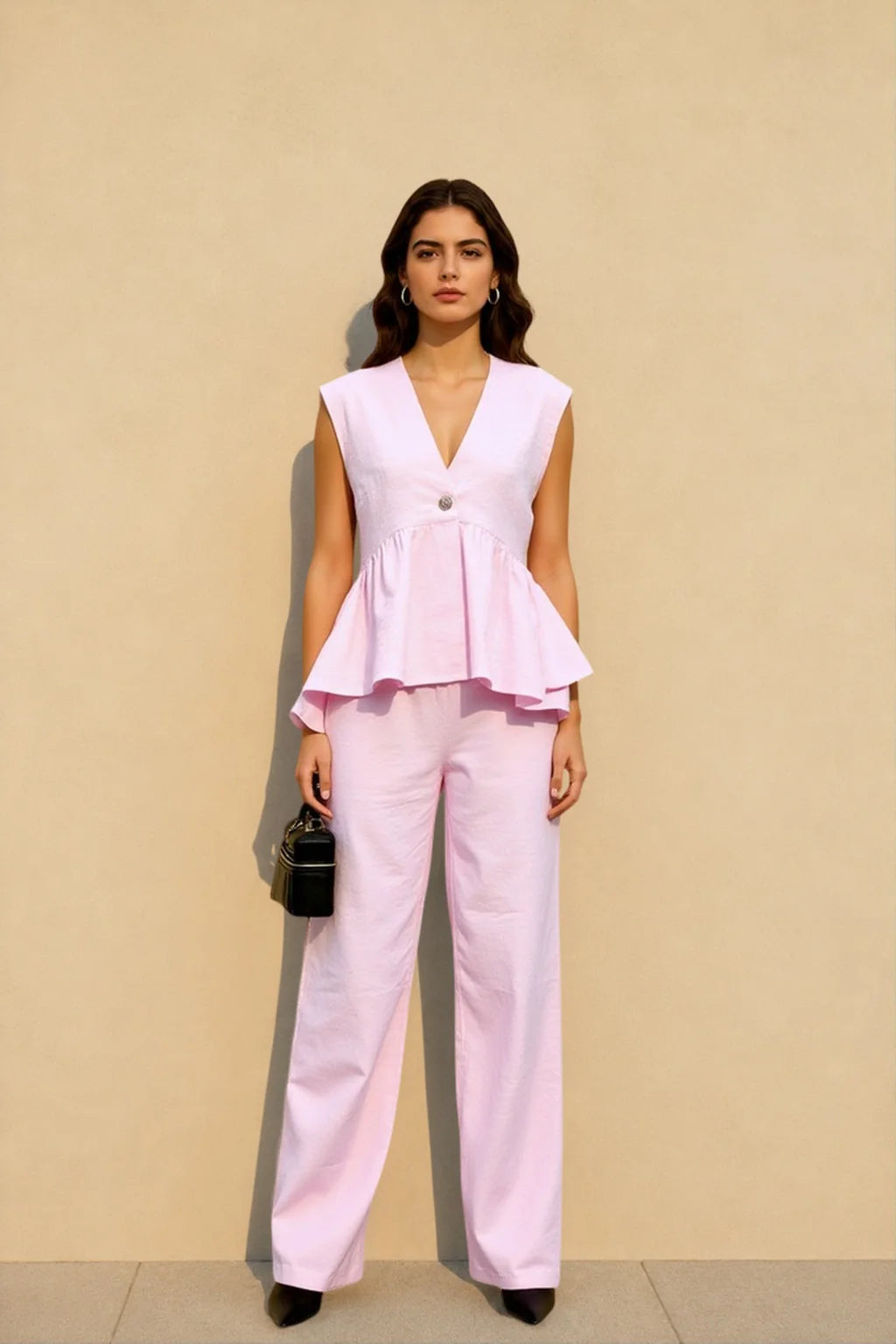 Cotton V Neck Sleeveless Vest Pants Two Piece Set