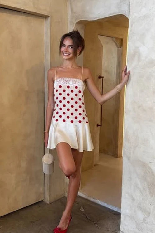 Lace Trim Polka Cami Backless Fit Mini Lace Dress