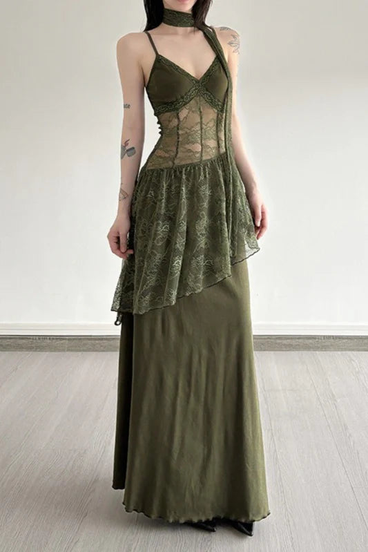 Lace Trim Sheer Waist Tie Cami Maxi Lace Dress