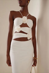 3D Floral Ruched Halter Bodycon Dress