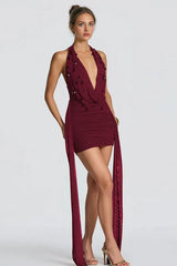 Deep V Halter Sash Teardrop Bodycon Party Dress