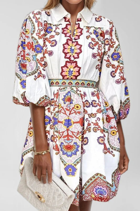 Ethnic Floral Lantern Sleeve Collared Boho Dress