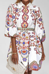 Ethnic Floral Lantern Sleeve Collared Boho Dress