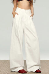 Ruched Textured White High Waist Wide Leg Pants