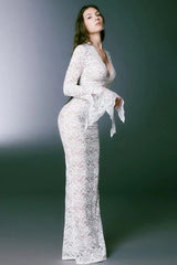 Sheer Lace Deep V-Neck Flared Sleeve Maxi Lace Dress
