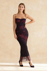 Floral Bodycon Lace Up Mesh Maxi Dress