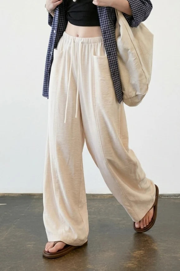 Linen Blend Relaxed Wide Leg Draped Pants