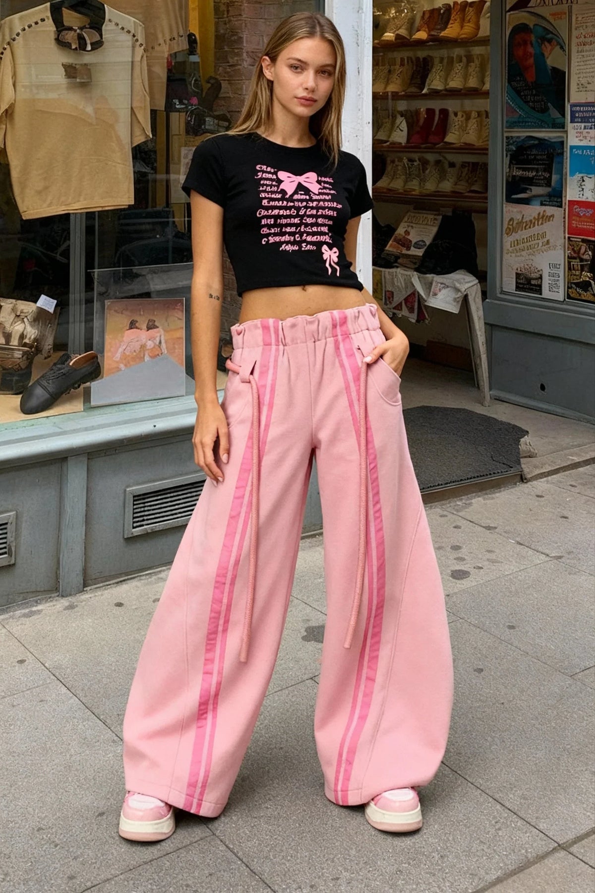 Streetwear Drawstring High-Waist Wide Pants
