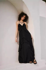 Solid Color V Neck Backless Strappy  Boho Dress
