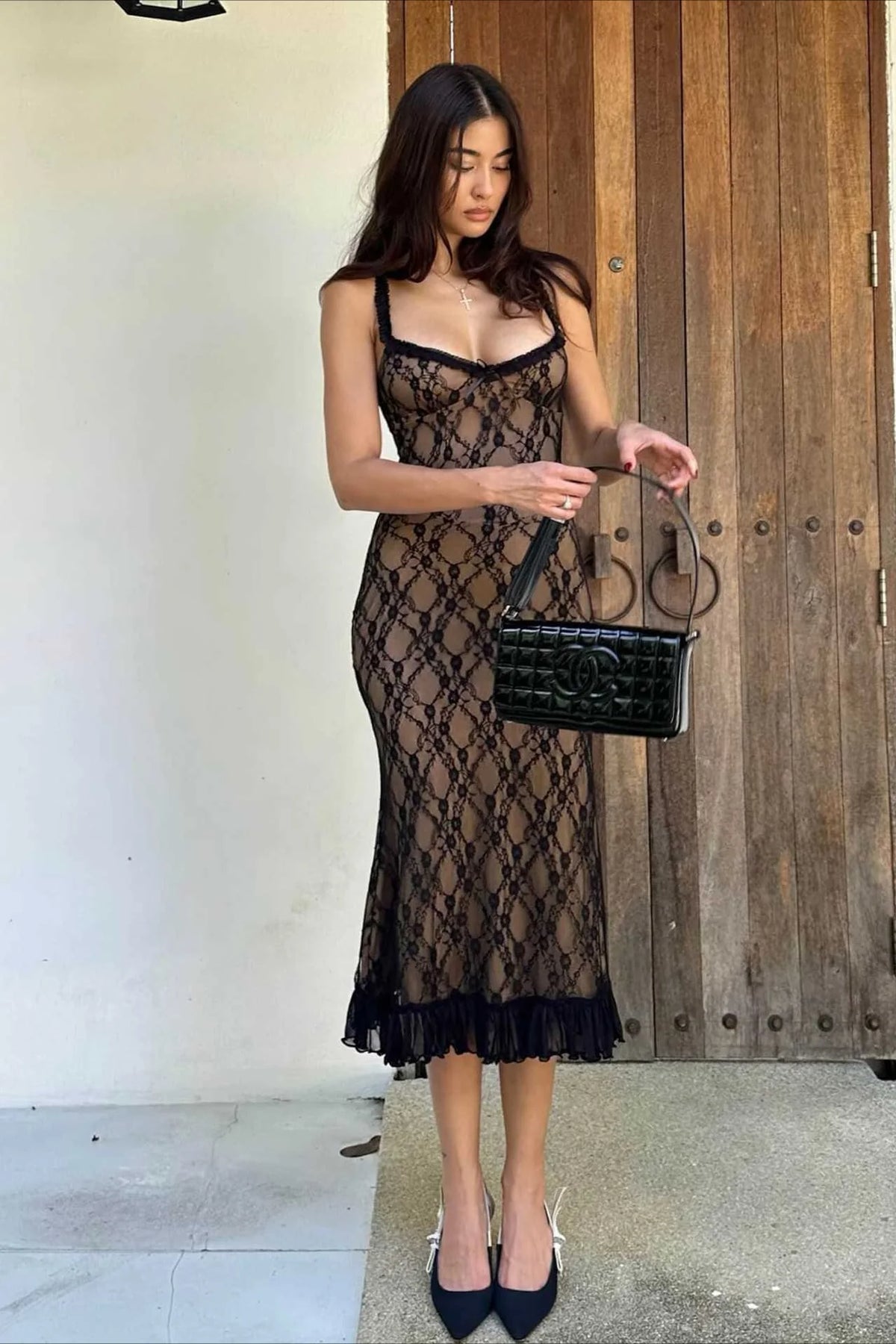 Deep V Mesh Patchwork Lace Dress