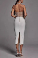 Pearl Beaded Halter Colorblock Bandage Cocktail Dress