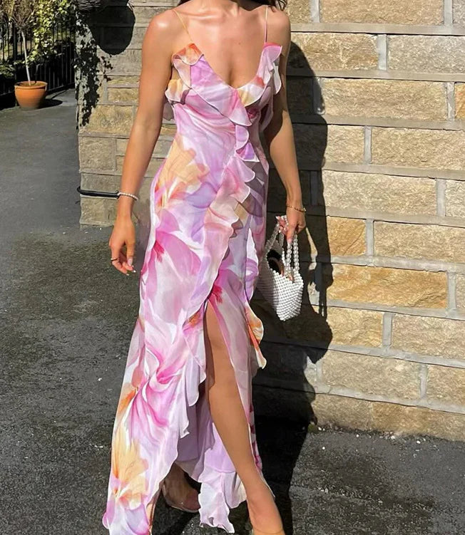 Strapless Split Tassel Floral Dress