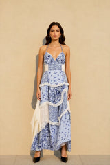 Boho Tie Shoulder Patchwork Floral Dress
