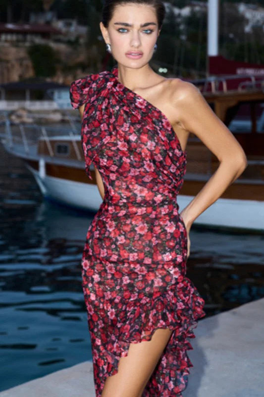 Off Shoulder Ruffled Floral Asymmetric Boho Dress