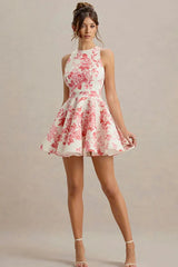 High Waist Backless A-Line Mini Floral Dress