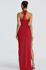 Deep V Halter Backless Slit Formal Dress