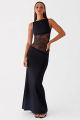 Sheer Lace Satin Panel Backless Fit Lace Dress