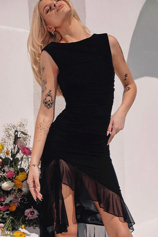 Crew Neck Sleeveless Ruched Back Mesh Bodycon Dress