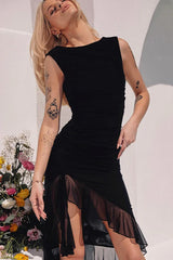 Crew Neck Sleeveless Ruched Back Mesh Bodycon Dress