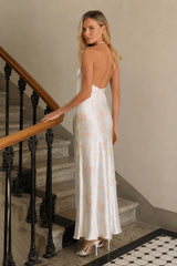 Satin U Neck Halter Backless Slim Floral Dress