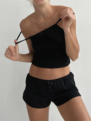 Lace Trim Eyelet Camisole Tank Top Two Piece Shorts Set