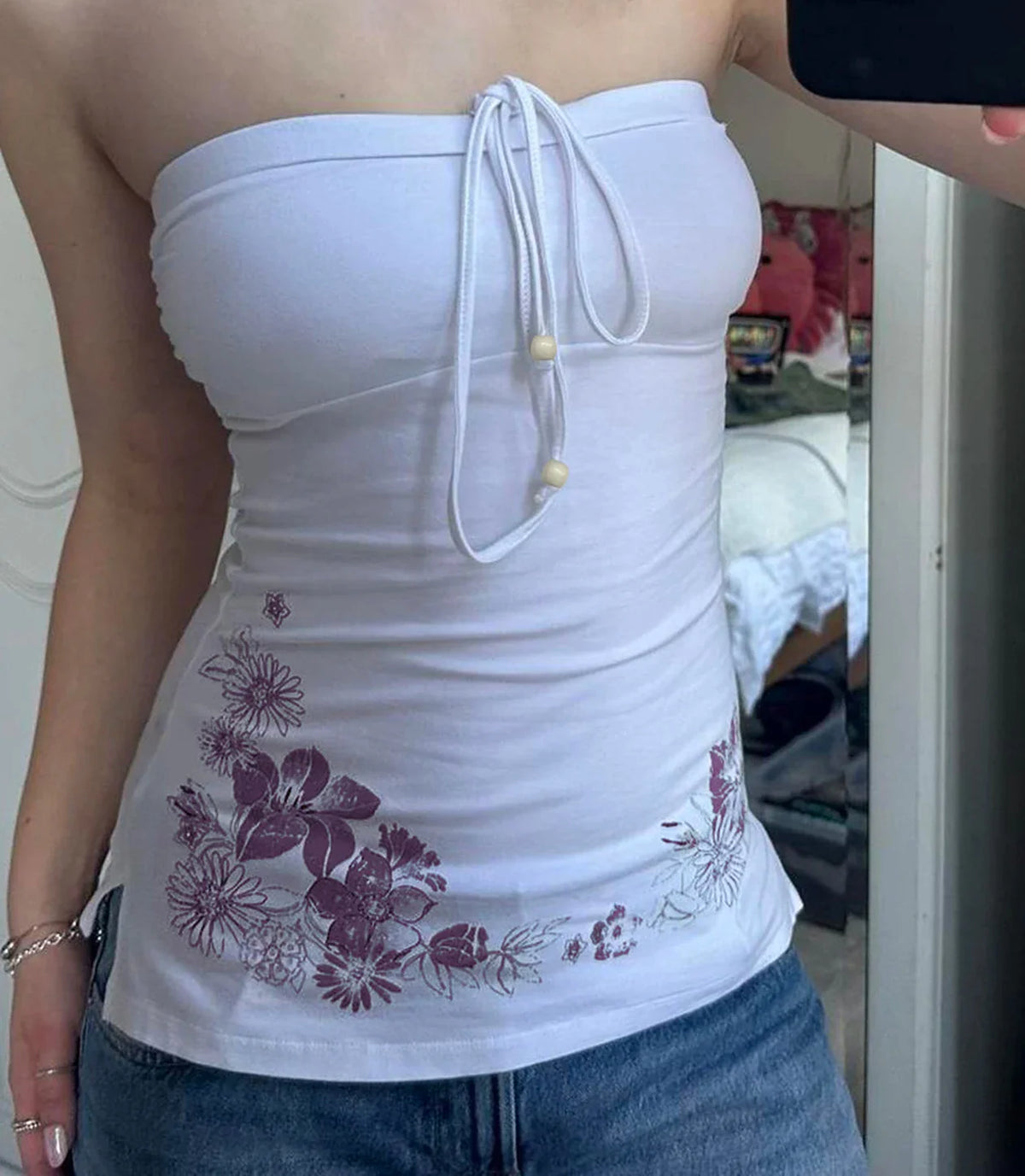 Bow Solid Camisole Floral Print Strapless