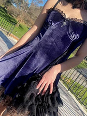 Velvet Gothic  Black Vintage Spaghetti Strap High Waist Aesthetic Elegant Party Dress