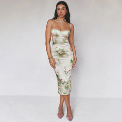 Lace Silk Strap Backless Floral Dress