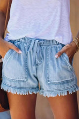 Elastic High Rise Frayed Hem Denim Shorts