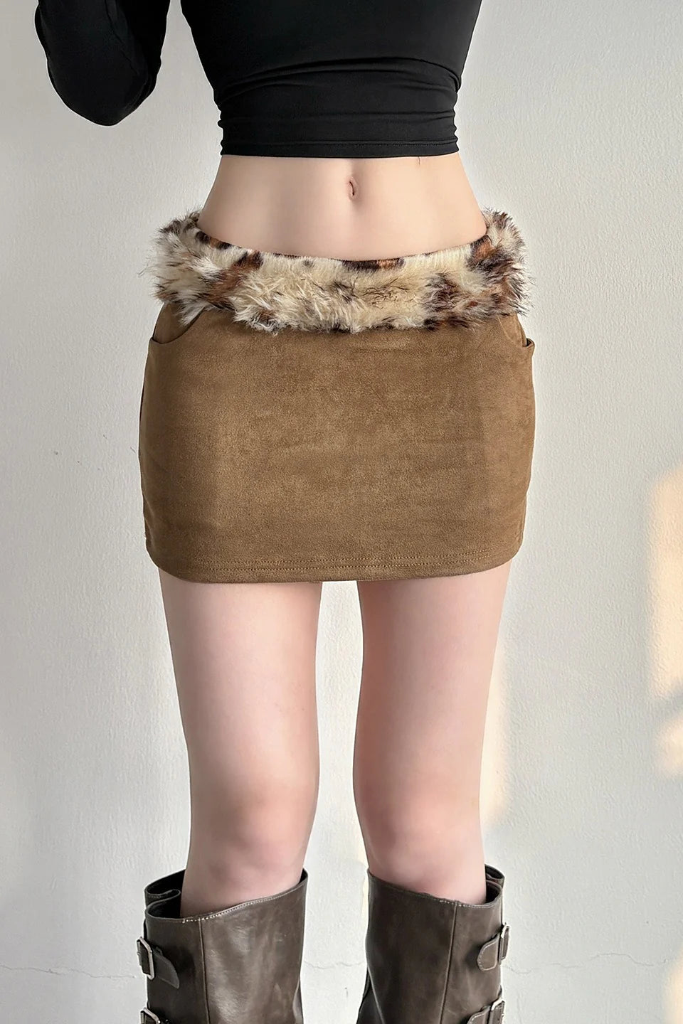 Solid Color Faux Trim Bodycon Mini Skirt