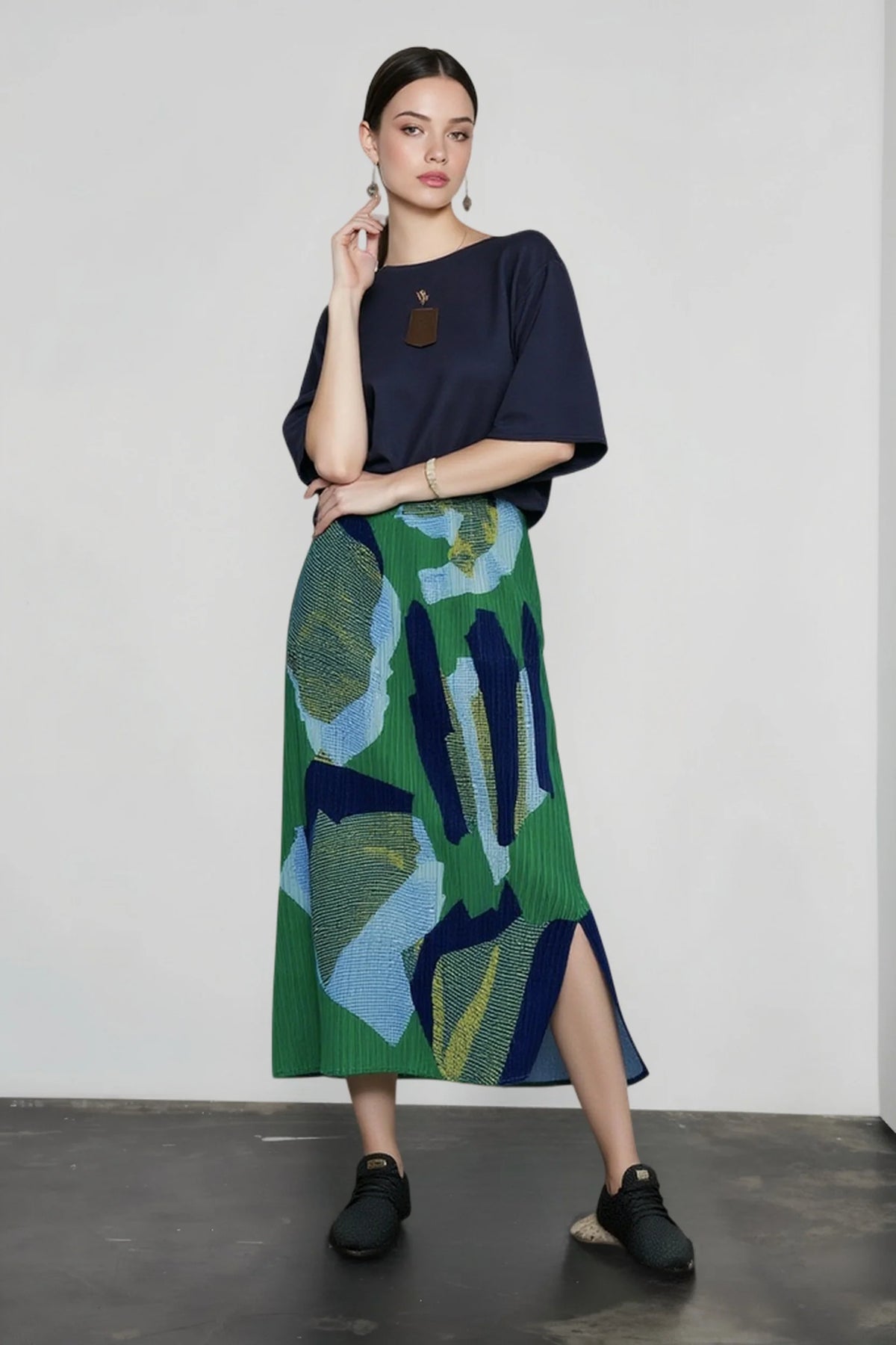 Color Block Print Pleated Vacation Skirt