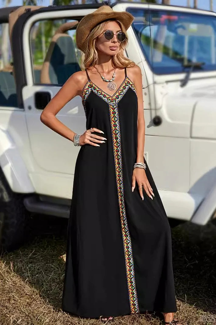 Solid Plaid V Neck Sling Slim Bohemian Boho Dress