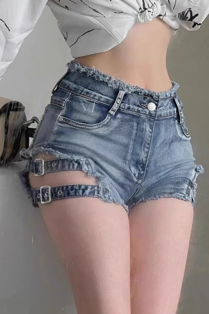Cutout Stretch Bodycon Denim Shorts