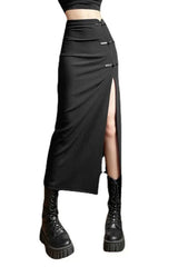 Black  Women A-line Slits High Waist Slim Hip-covering Solid Mid-length Long Streetwear Skirt