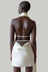 Satin Backless Adjustable Halter Mini  Silk Dress